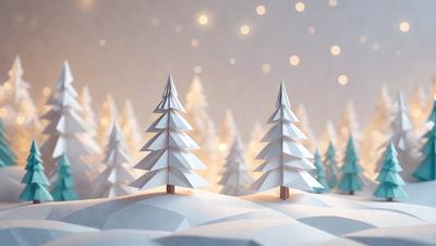 The primary subject of the image is a snowy landscape featuring two white paper trees. The setting is a snow-covered ground, and the visual style is a combination of photo and digital art. The colors and mood of the image are predominantly white, giving it a serene and peaceful atmosphere.